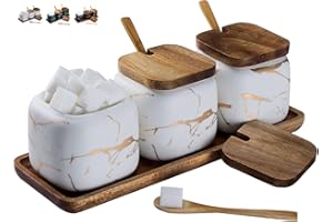 TELANKS Set Zuccheriera in Ceramica, 3 pz Condimento Box con Coperchio e Cucchiaio e Vassoio, Jar, Scatola, Barattolo Utensili da Cucina Forniture per Spezie, Bianca