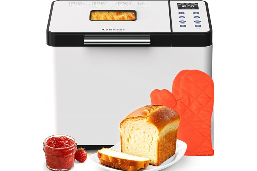 Karinear Bread Maker, Upgrade 20 Function Non-stick Pan Bread Machine with Gloves, 15H Timer 2LB Stainless Steel Bread Maker Machine with 3 Loaf Sizes 3 Crust Colors