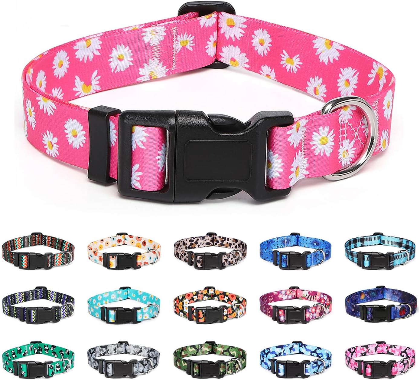 Suredoo Adjustable Dog Collar with Patterns, Ultra Comfy Soft Nylon Breathable Pet Collar for Small Medium Large Dogs (S, Pink Daisy)