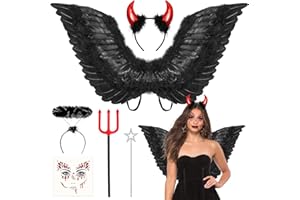 GENERIC Humairc Karneval Kostüm Damen Mädchen, Teufel Kostüm, Schwarz Engelsflügel Teufel Hörner Engel Haarreif Tattoo, Damen Mädchen Karneval Kostüm Fasching