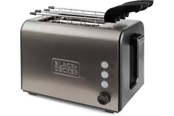 BLACK+DECKER BXTOA900E - Grille-pain 900W, 2 fentes, 3 fonctions, 7 niveaux de brunissage, 2 pinces pour tous types de pain, fonction STOP, ramasse-miettes, Inox