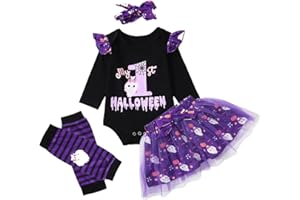 Savlot Baby Girl My First Halloween Outfit Long Sleeve Pumpkin Ghost Printed Romper Tutu Skirt with Leg Warmers Headband 4pcs Infant Newborn Halloween Costume