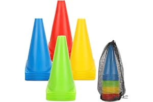 CYEER 24 Stück Pylonen Kinder Outdoor, 23x13,5cm Hütchen Fussball, Bunt Pylonen mit Tragetasche, Fussball Markierungskegel, Training Kegel für Fußbal, Sportarten, aktive Spiele, Hindernislauftraining