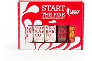 ‎I LOVE SPICY Start the Fire Zestaw Podróżny – 5 x 20 ml Rzemieślnicze Sosy Fermentowane – Zestaw Degustacyjny Pikantnych Sosów – Idealny Prezent dla Fanów Grilla i Wyzwań Chili