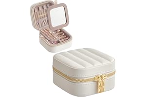 SONGMICS HOME ANAH Collection - Boîte à Bijoux de Voyage, Petit Coffre à Accessoire avec Miroir, 10,5 x 10,5 x 6 cm, Surface PU avec Coutures, Portable, Zip, Idée Cadeau, Blanc Nuage JBC179W01