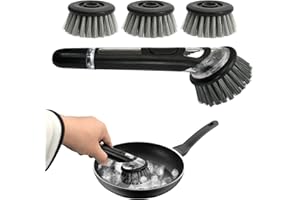 GODNEEI SpüLbüRste mit 3 ErsatzbüRstenköPfen SpüLbüRste mit SpüLmittelspender Steife Borsten Starke Fleckenentfernung BefüLlbare SpüLbüRste Weicher Griff Grau