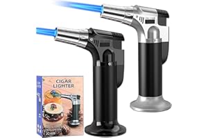 DBZQSCW 2 Pack Blow Torch Lighters,Refillable Kitchen Cooking Butane Torch with Safety Lock Adjustable Flame for Cooking BBQ Baking—Butane Gas Not Included (Silver/Black)