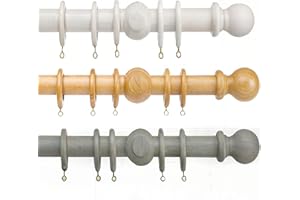 ASA1 Curtain Poles – Wooden Window Curtain Pole Set - for eyelet curtains with Stylish Poles, Finials, Balls & Rings, Home, Kitchen, Living Room, Office, Fixed Length Curtain Rail (White, 300cm)