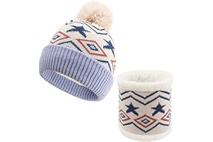 QKURT Kids Winter Beanie Snood Set, Winter Knitted Warm Hats with Thick Fleece Scarf for Boys and Girls, 2 in 1 Warm Suits for Toddler Ages 2-6