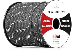 Brotree Paracord 4mm 50M 9 Stränge 100% Nylon Seil Schnüre Typ III für Survival, Outdoor, Heimwerken - Bruchlast 280kg (Reflektierende Schwarz)