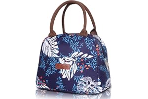 Figarge Sac Isotherme à Repas Portable Lunch Bag Sac à Dos Déjeuner Waterproof avec Feuille d'Aluminium Isolée, Sac à Main Pliable pour Femme, Homme, Enfant au Bureau et à l’École (Feuille Bleu Foncé)