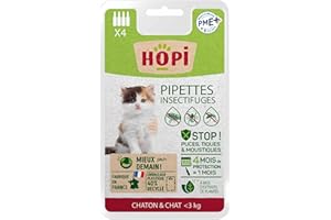 HOPI Pipette Anti Puces Chat et Chaton de Moins de 3 kg - 4 Mois de Protection Contre Les Puces, Les Tiques et Les Moustiques - Extraits de Plantes - Pratique et Facile - Fabriqué en France