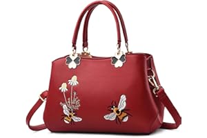 FOLOVEYA Elegant Women Handbags Flowers Embroidery Ladies Small Top Handle Bag PU Leather Crossbody Bag Satchel Shoulder Bags for Shopping Travel Work Dating Red B