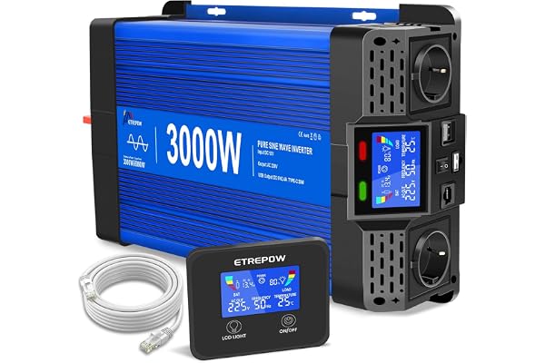 ETREPOW Convertisseur 3000W/6000W 12v 220v Pur Sinus Onduleur, 2 Prises UE, 2 Ports USB+Type-C, adapté aux appareils électroménagers, Camping,Camion
