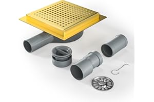 Bernkot Caniveau de douche carré 15 x 15 cm, siphon à 360° avec système anti-odeurs et tamis à cheveux, en acier inoxydable, très plat, DN50 DN40, doré