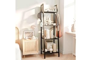 YMYNY 125CM Scaffale a Scala con 4 Ganci, Libreria a 4 Ripiani, Scaffale Portaoggetti, per Soggiorno Camera da Letto Cucina Studio, Stile Industriale, Struttura in Metallo, Nero HBC024B