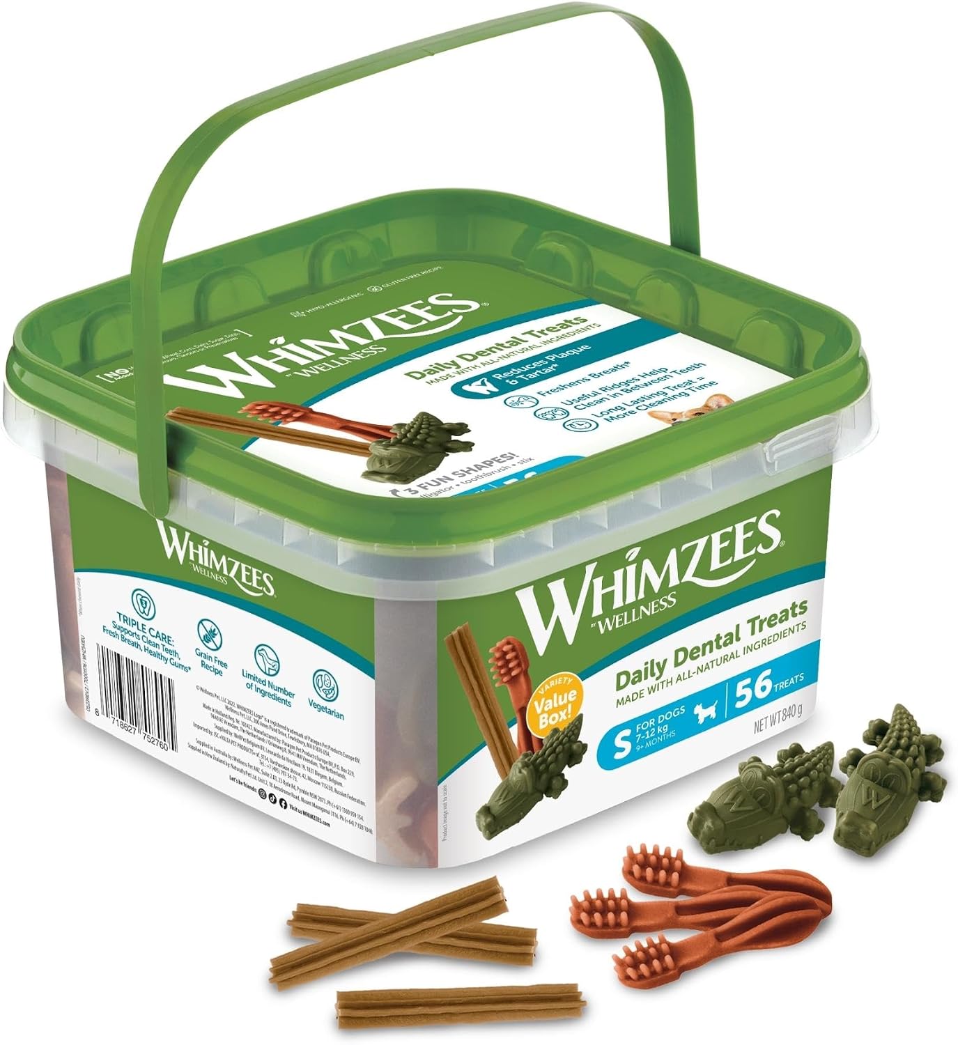 WHIMZEES Variety Box Dental S, 56 Pieces – Mixed Shapes, Size S, Dog Chews for Small Breeds, Natural and Grain Free, Rawhide-Free, Vegetarian, No Added Sugar