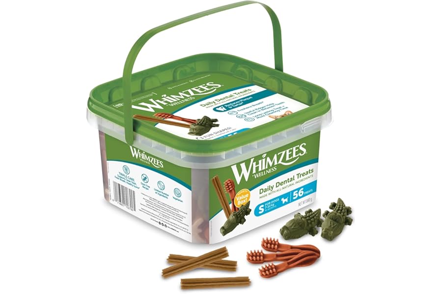WHIMZEES Variety Box Dental S, 56 Pieces – Mixed Shapes, Size S, Dog Chews for Small Breeds, Natural and Grain Free, Rawhide-Free, Vegetarian, No Added Sugar