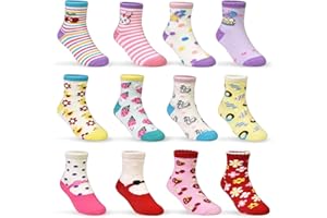 GRPSKCOS Toddler Girls Socks with Grips- 12 Pairs Non Slip Cute Cartoon Anti Skid Crew Socks for 1-7 Years Kids Children