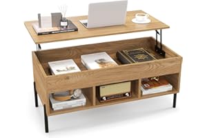COSTWAY Mesa de Centro Elevable, Mesa Central de Café con Tablero Elevable, Amplio Compartimento Oculto y 3 Espacios Abiertos, Mesita de Cóctel con Patas de Metal (Natural)