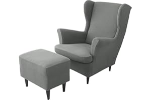 JHLD Stretch Husse für Ohrensessel Mit Ottomane Schonbezug, 2 Stück Husse für Ohrensessel Jacquard Ohrensessel Schonbezug Hockerbezug Für Hunde Katzen -dunkelgrau-3 Stück