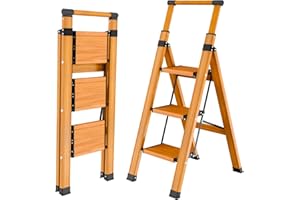 KULACO Échelle d'escalier Pliable à 3 marches, Antidérapante, Escabeau Portable, avec Main Courante Extensible, Échelle Multifonction, Grain de Bois, Échelle Pliante en Aluminium jusqu'à 150 kg