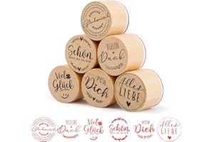 BETESSIN 6Pcs Stempel Holz Vielen Dank Holzstempel zum Basteln Viel Glück Glückwunsch Stempelset Holz Deutsch Sprüche Motivstempel Rund für Kartenbasteln Scrapbooking Bullet Journal