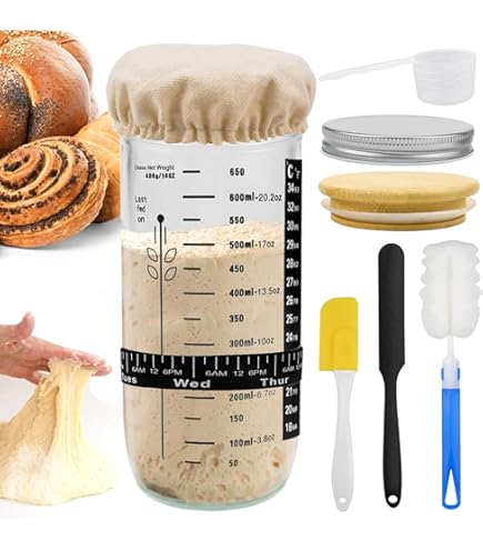Kit De Démarrage Levain - 2 Bocaux En Verre 1000ml Avec Spatule, Thermomètre, Rubans - Pour Fermentation Pain