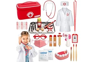 Sundaymot Arztkoffer Kinder Holz, Spielset Zahnarzt Holz mit Echt Stethoskop, Thermometer, Zahnarztkoffer, Rot Rollenspiel Medizinisches Spielzeug Geschenk für Mädchen Junge 3 4 5 Jahre (32 STK)