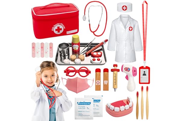 Sundaymot Malette Docteur Enfant Médecin Jouet Bois avec stéthoscope véritable, thermomètre, Mallette de Dentiste, Blouse de Docteur, Cadeau médical de Jeu de rôle Rouge pour Filles garçons 3 4 Ans
