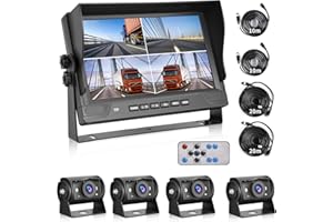 Hodozzy Telecamera Retromarcia con 9 Pollici 4 Diviso Monitor, 4 Telecamere AHD Visione Notturna IP68 Impermeabile, Anteriore Laterale Posteriore Telecamera con cavo 2 * 10m e 2 * 20m, 12V 24V
