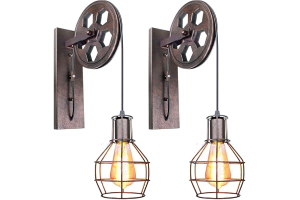 iDEGU Lot de 2 Appliques Murales Industrielle Éclairage Mural Vintage Poulie Design Lampe de Mur Intérieur Rétro Ajustable Suspension Luminaire pour Bar Chambre Salon Restaurant Café Couloir - Rouille