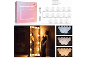 Akynite Lumière de Miroir Kit de 14 Ampoules avec Adaptateur, USB Câble Réglable, 3 Couleurs et 10 Intensités, Miroir LED Hollywood Dimmable, Lampe Coiffeuse Maquillage Make Up Eclairage Adhesif