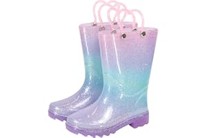 A2Z 4 Kids Girls Glitter Rainbow Gradient Wellington Boots Heart Handle PVC Rain Boot Non Slip Waterproof Wellies Kid Outdoor Muddy Puddle School Rain Shoes Toddler Sizes 4 to 2 UK