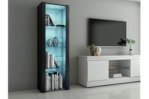 Panana LED Tall Display Cabinet with Glass Shelf Modern Sideboard Cupboard Unit for Living Room Bedroom Furniture (Black Matt Body & Black High Gloss Fronts)