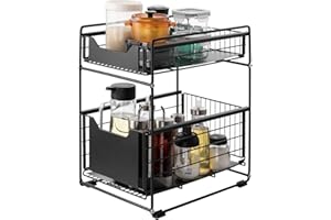 HollyHOME Unterschrank Regal Schubladenregal mit 2 Ausziehbaren Körben und Rutschfestem Silikon für Küche Badezimmer, Schwarz, 37x28x43cm