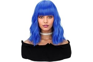 VCKOVCKO Natural Wavy Wig With Air Bangs Short Bob Wigs Women's Shoulder Length Curly Cosplay Wig for Girl Colorful Wigs(12",Blue)