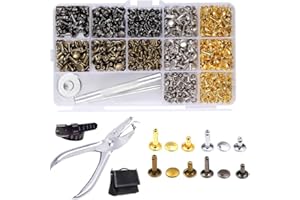 Sufune Rivetto in Pelle 180 Set Doppio Testa Borchie Metalliche Tubolari Rivettate 3 Formati con Punch Pinze e 3Pezzi Kit di Strumenti per Riparazioni Artigianali in Pelle 4 Colori