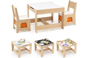 COSTWAY Juego de Mesa y Sillas Infantil, Mesa de Actividades 3 en 1 para Niños con Superficie Reversible y Cajas de Almacenaje, Set de Muebles Infantil de 3 Piezas (Naranja)