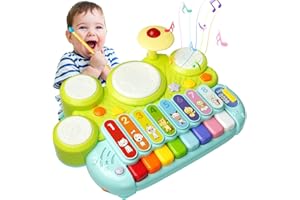 Batterie Jouet Bebe 1 an, Ohuhu Tambour Jouet Bebe 1 an 5 en 1 Instruments de Musique Enfants Musique Jouets Multifonctions pour Bébé Musique Xylophone Clavier de Jeu Les Garçons et Les Filles