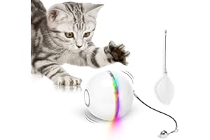 WWVVPET Bola de Juguete de Gato interactiva con luz LED y Hierba gatera, Campana de Anillo y Juguete de Plumas de Mascotas, Juguete de Bola de Gato Inteligente giratoria, USB Recargable