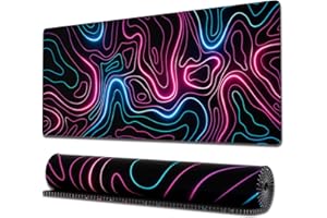 Ovenbird Gaming Mouse Pad with Stitched Edges, Topographic Map Pink Mouse Pad, Extended XL Mousepad with Anti-Slip Base, Cool Neon Large Mouse Pad for Desk, 31.5 x 11.8 in, Pink and Blue