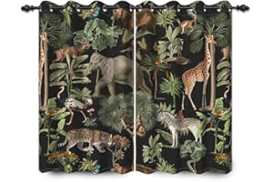 YongFoto 168x229cm Animal World Blackout Curtains Jungle Wildlife World Elephant Giraffe Wild Safari Green Forest for Living Room Bedroom Window Drapes, 2 Panels Home Set With Holes
