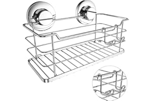 Poywaze Suction Cup Shower Caddy with Hooks, Chrome Shower Organiser, Stainless Steel Shower Basket, Silver Shower Tray, No Drilling Shower Shelf for Bathroom And Kitchen Storage