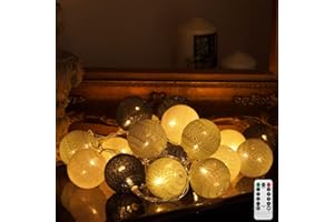 ‎CISKOTU Ciskotu Baumwollkugeln Lichterkette, 20 LED USB Dimmbar Cotton Ball Lichterkette mit Fernbedienung und Timer, LED Kugeln Lichterkette Innen für Kinderzimmer Weihnachten Hochzeit Party (Grau)