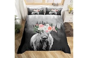 Homemissing Highland Cow Duvet Cover Bull Cattle Floral Print Bedding Set Western Farmhouse Animal Bed Linen 135 x 200 cm for Boys Girls Children Misty Nature Room Decor Foggy Woodland