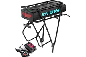 HXRFOAK Unit Pack Power Rack ebike battery 52V 27AH long range waterproof lithium battery with Rack, charger, USB port for 48V 52V 2000W 1500W 1000W 750W 500W