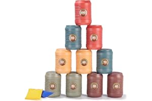 LEAZZLE Tiro Al Bersaglio Bambini, Gioco Del Lancio di 10 Lattine, Un Sacco di Sabbia e 2 Palline Gialle, Giochi da Giardino per Bambini, Giochi per Feste di Compleanno Bambini, Giochi da Esterno per Bambini