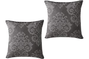 Roseley Set of 2 Cotton Rich Jacquard Cushion Covers 45 x 45cm Floral Prints Zipped Machine Washable Strong & Smooth No Insert Pad [Dark Grey 225]