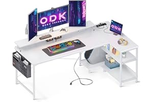 ODK Scrivania Gaming a L, 168x80cm Scrivania ad Angolo con Ripiani Portaoggetti, Scrivania Angolare Reversibile con Prese di Corrente e USB, Tavolo a L per Casa Ufficio, Bianco